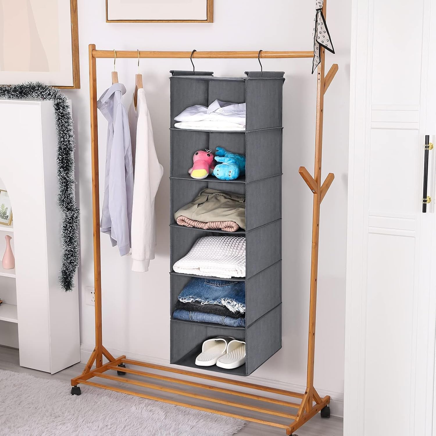 6 Tier Shelf Hanging Closet Organizer, Closet Hanging Shelf with 2 Sturdy Hooks for Storage, Foldable (Grey)