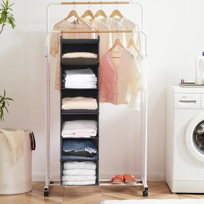 6 Tier Shelf Hanging Closet Organizer, Closet Hanging Shelf with 2 Sturdy Hooks for Storage, Foldable (Grey)