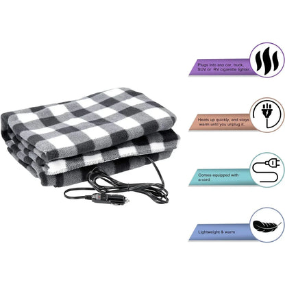Premium Cozy Car Heating Blanket - 12V Heated Fleece Travel Throw